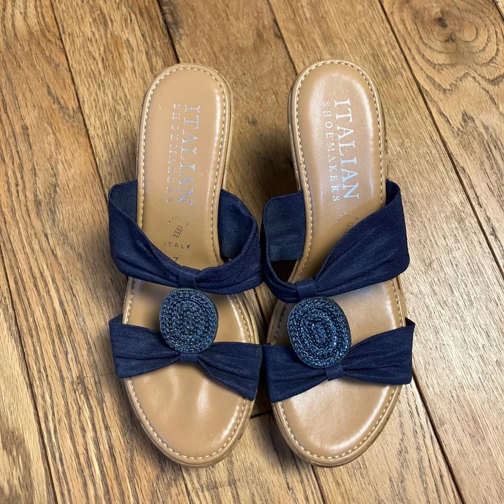 Italian Shoemakers Navy Blue Wedge Sandals Beaded Cork Platform Slide Womens 7